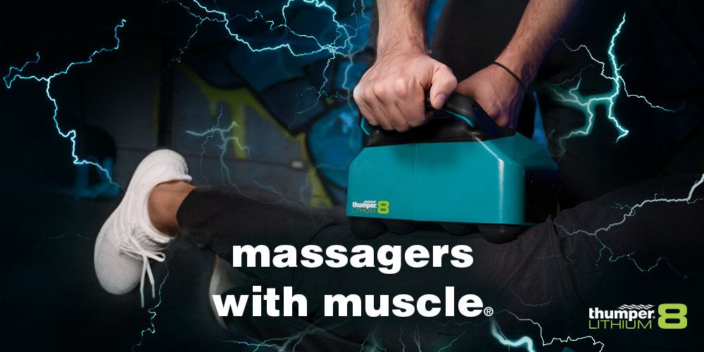 Massagers with Muscle, Thumper Massager cordless massager battery operated Lithium8 being used on the back of the thigh